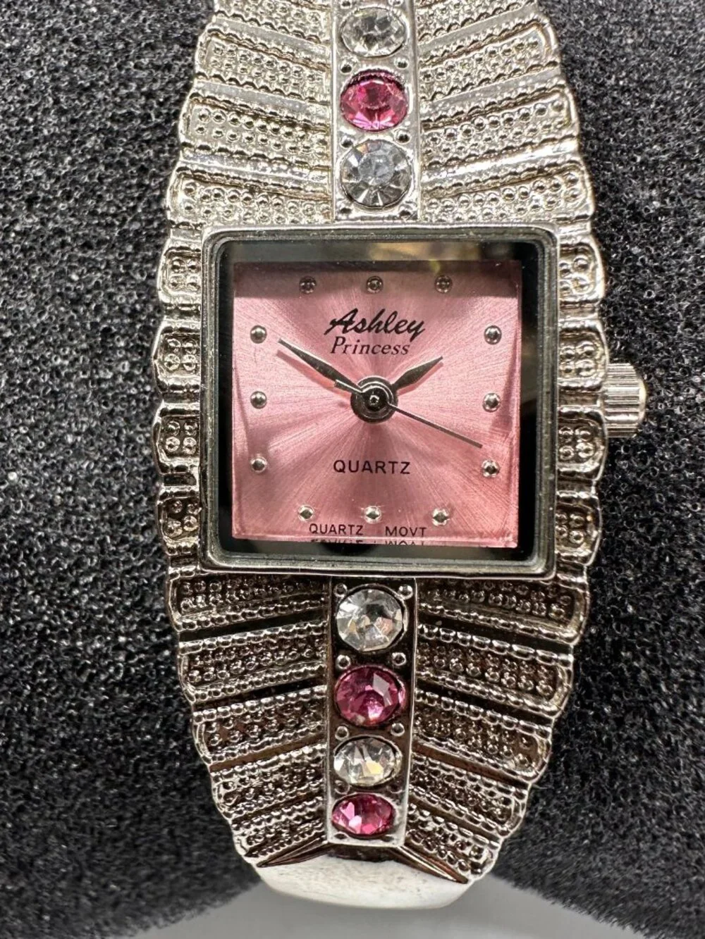 Ashley Princess Watch Women Silver Tone Pink Square Dial Rhinestones Working